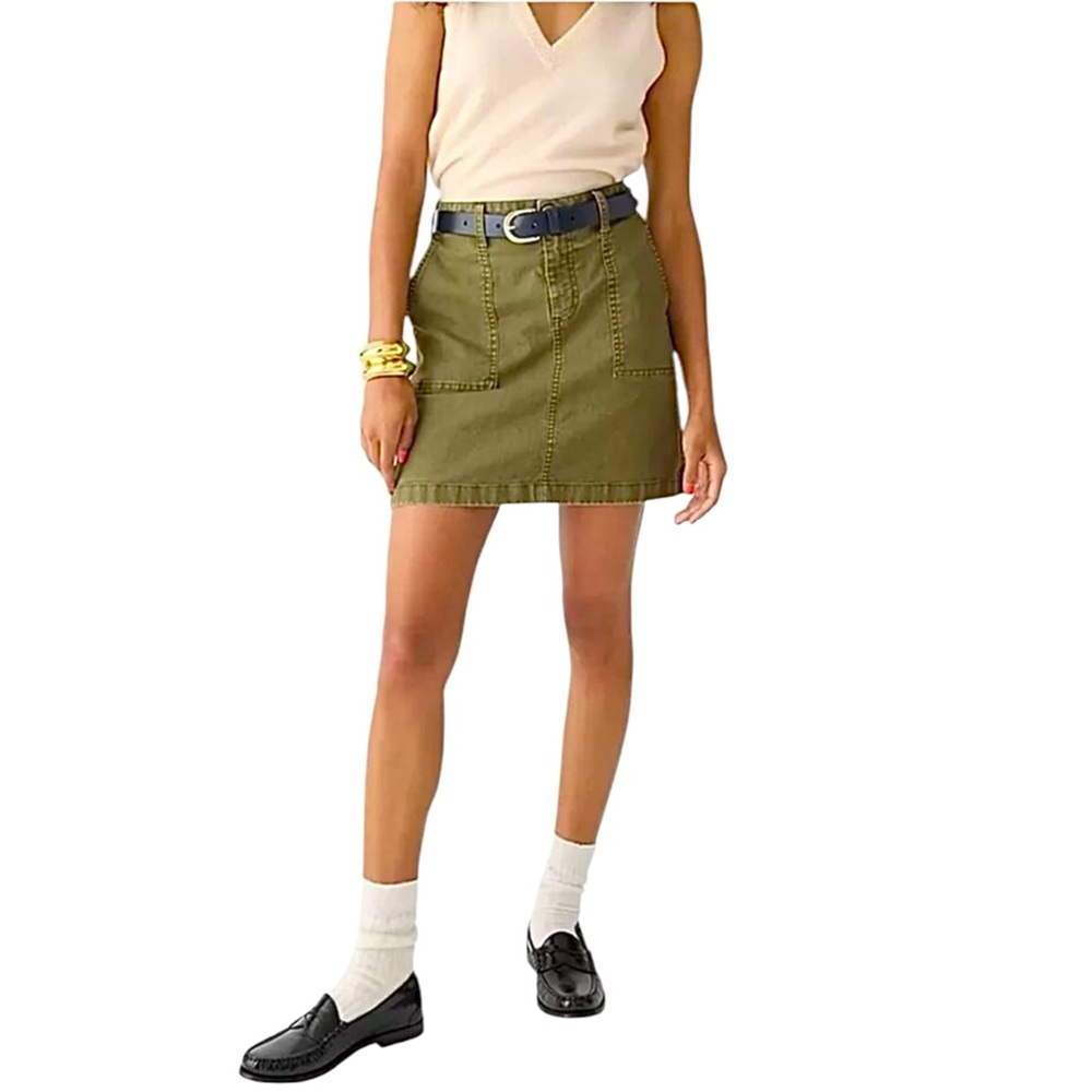 J Crew Garment Dyed Olive Green Women's Denim Mini Utility Skirt Size 6